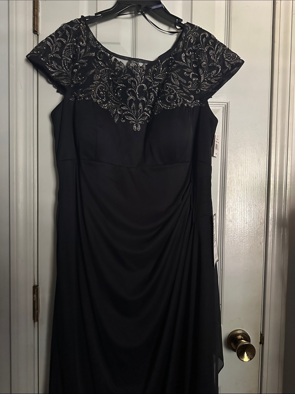 Xscape Black Maxi Dress with Silver Beaded Yoke and Cap Sleeves